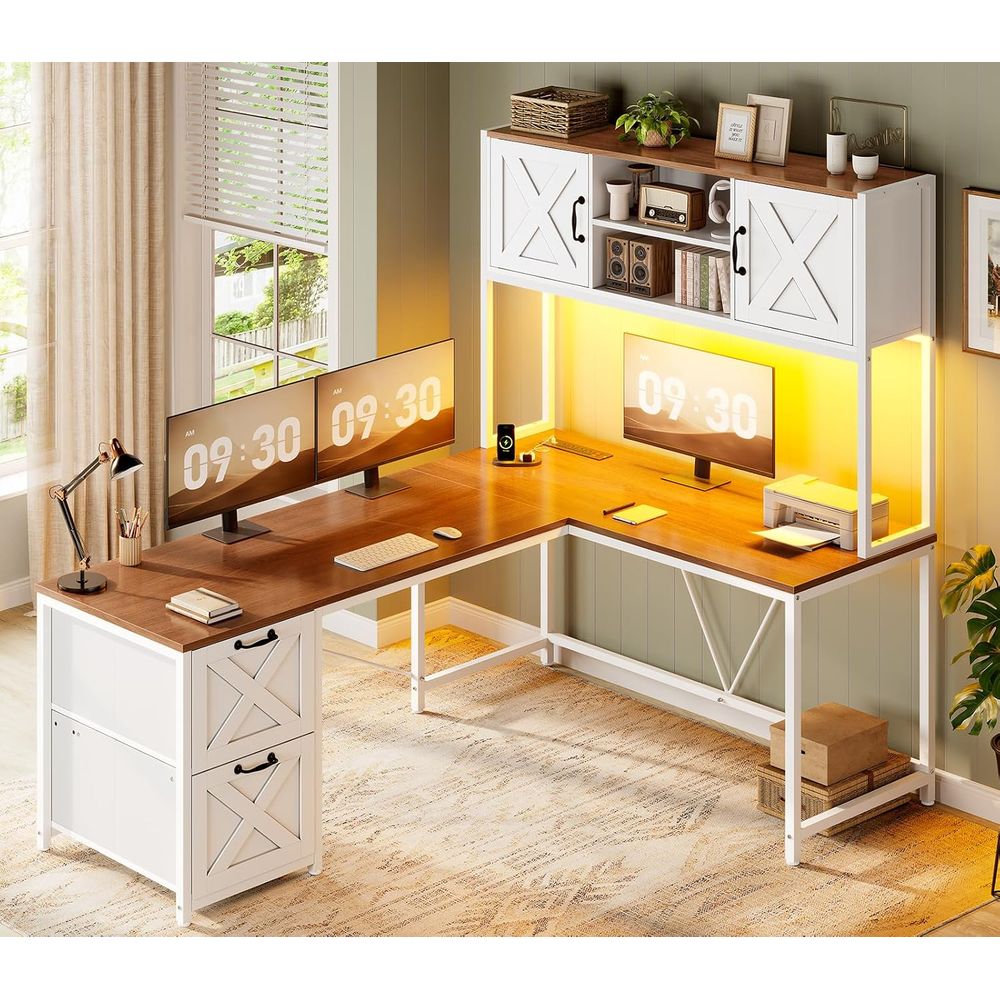 Home Office With Two Desks - L Shaped Desk with Hutch, Reversible